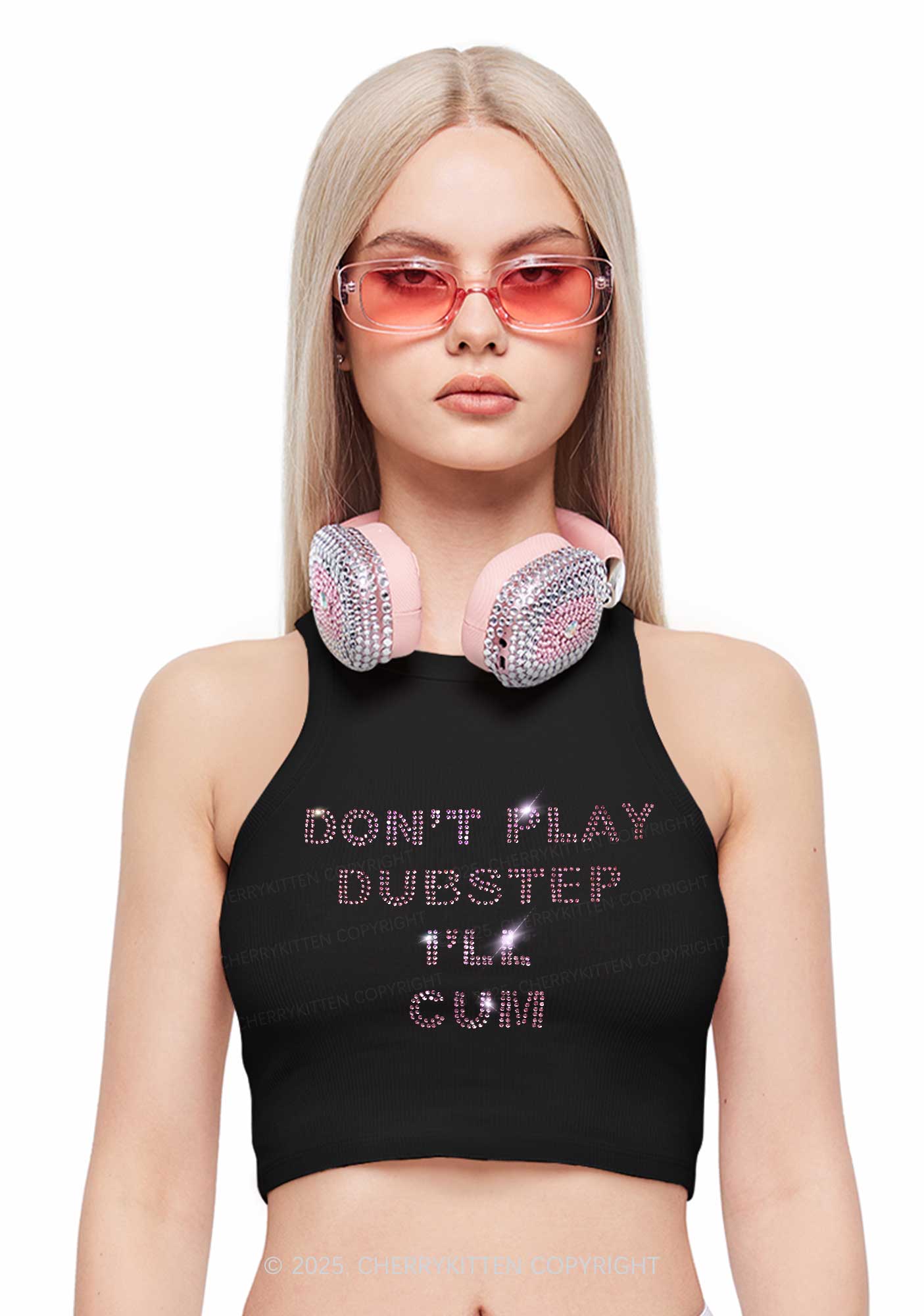 Rhinestone Dont Play Dubstep Y2K Crop Tank Top Cherrykitten
