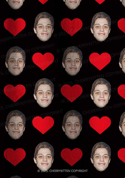 Custom Black Hearts Photo Y2K Valentine's Day Y2K Fleece Long Sleeve Pajama Set Cherrykitten