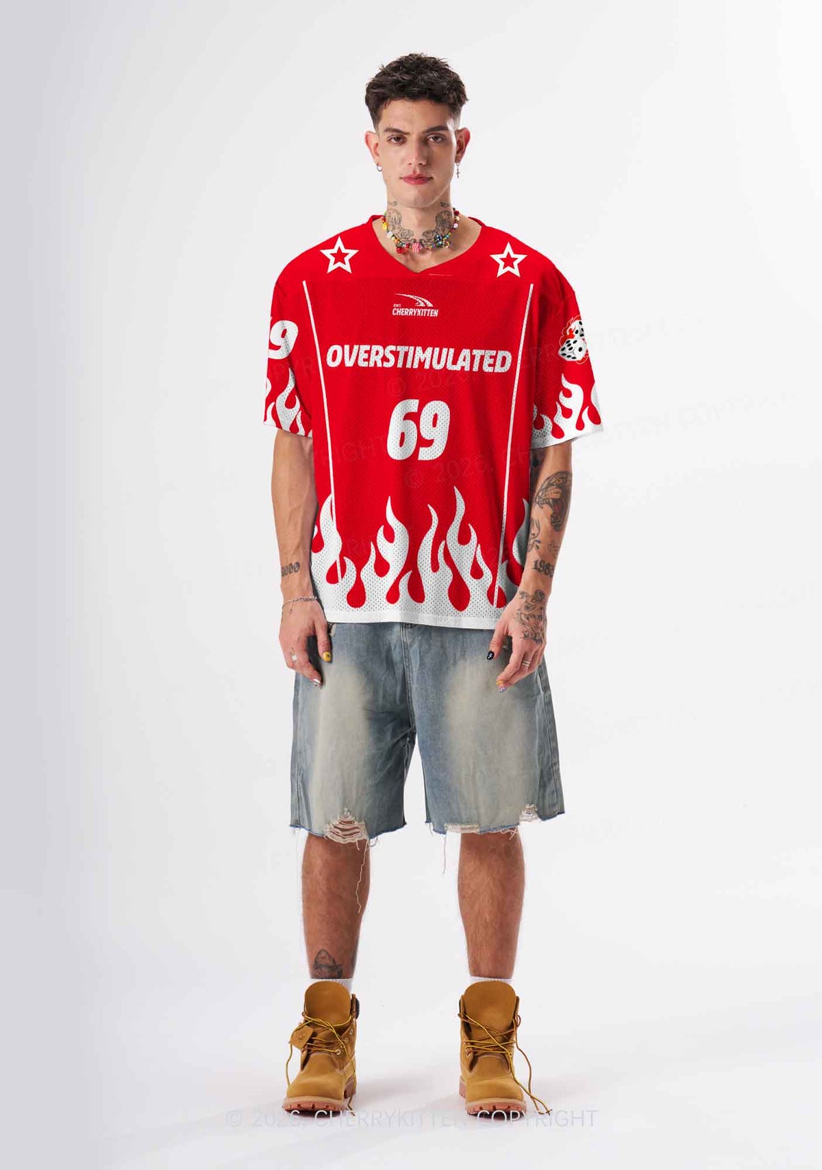 Red Flame Overstimulated Y2K Sport Jersey Shirts Cherrykitten