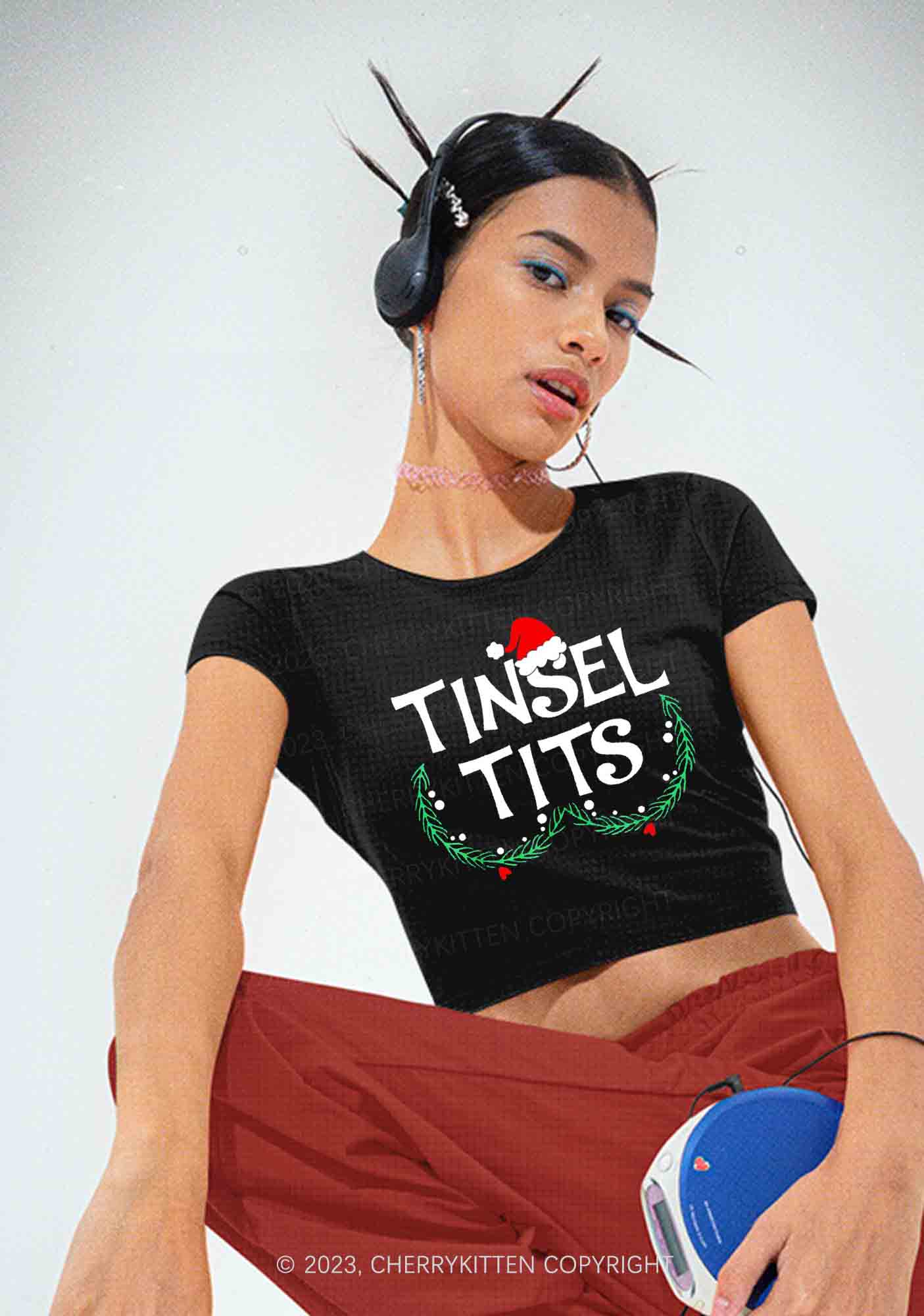 Christmas Hat Tinsel Txts Y2K Baby Tee Cherrykitten