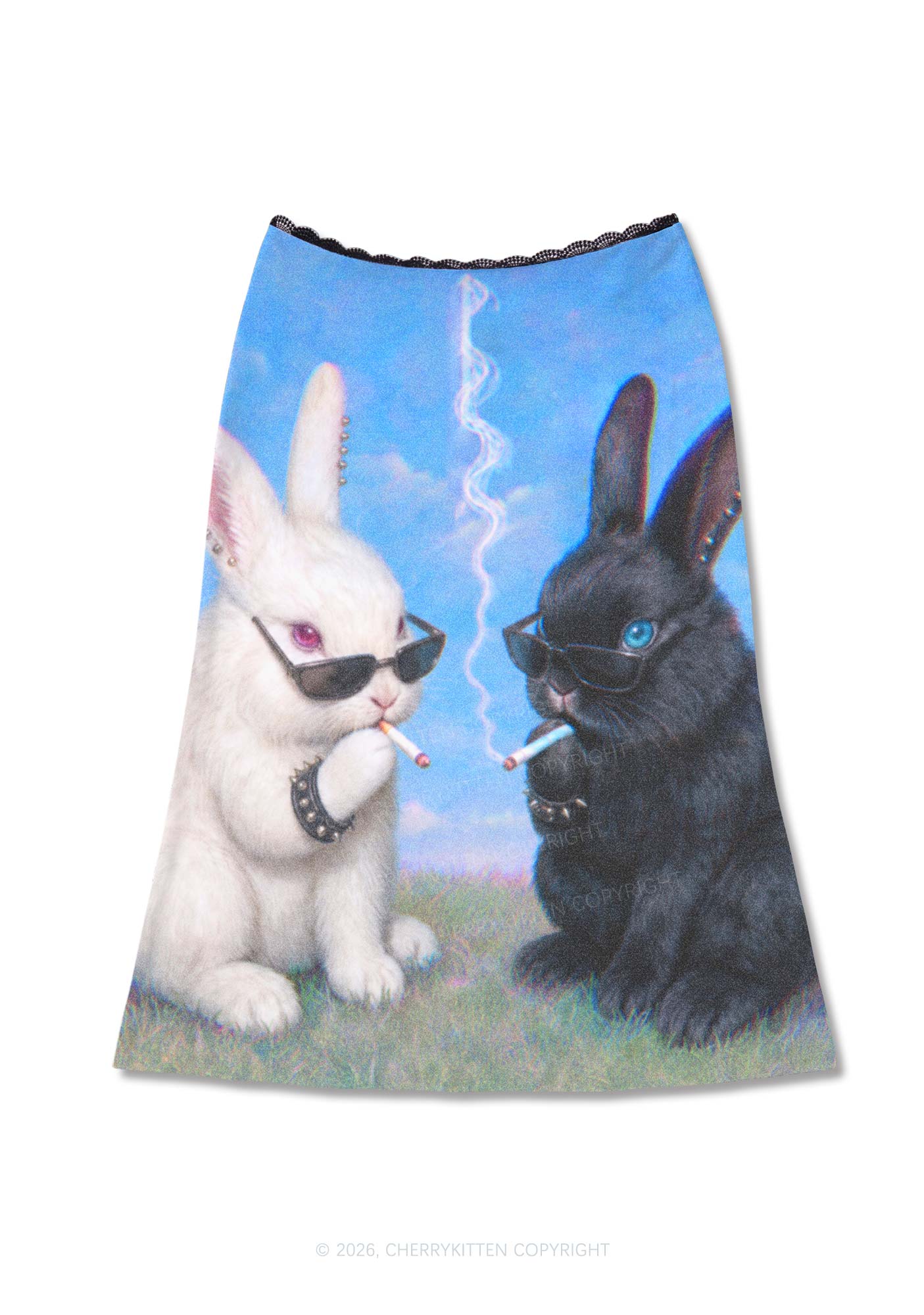 Smoking Punk Bunny Y2K Print Midi Skirt Cherrykitten