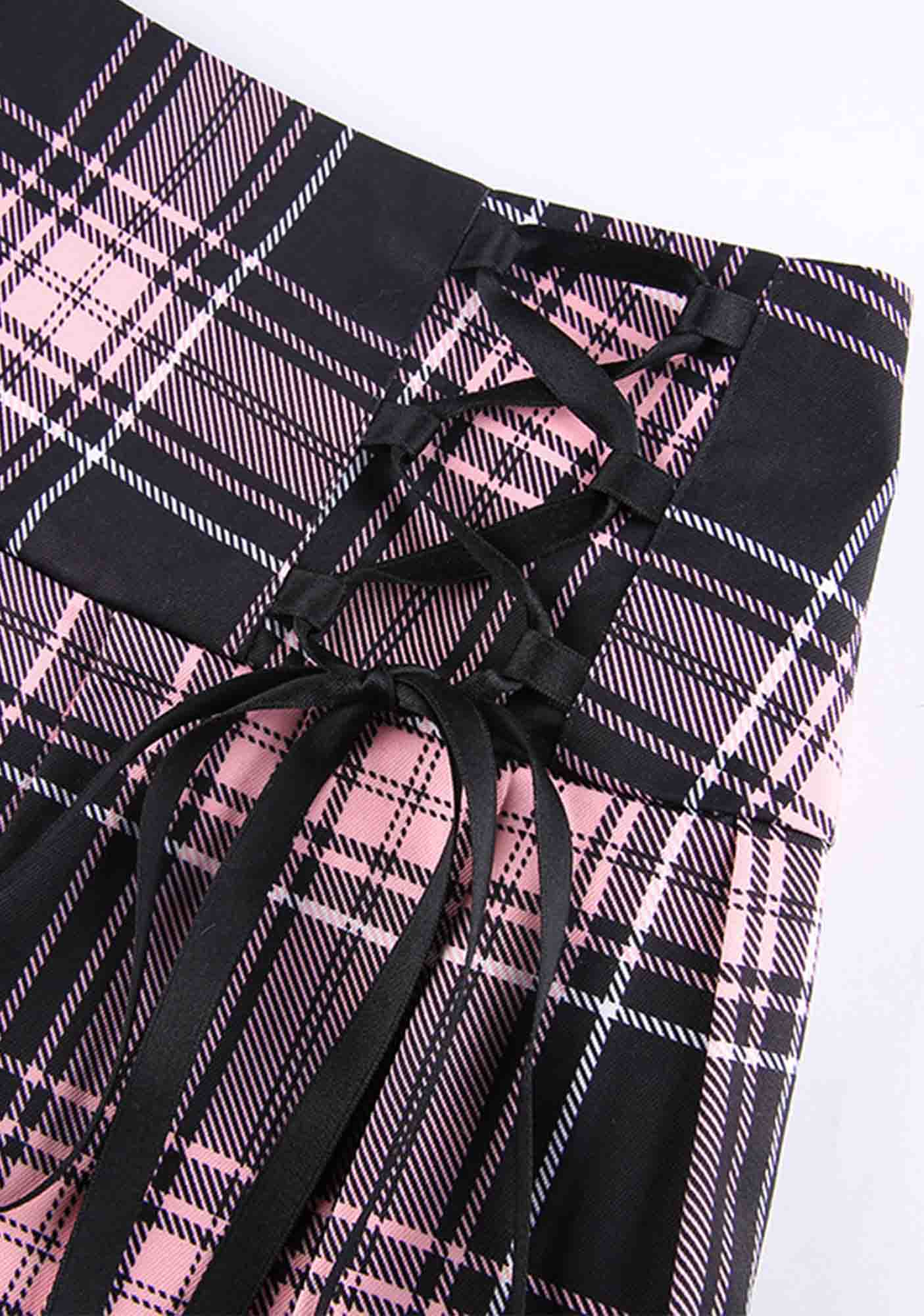 Y2K High Waist Pink Plaid Pleated Lace Up Skirt Cherrykitten