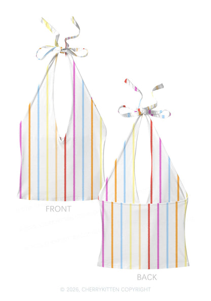 Rainbow Stripe On White Y2K Print Halter Deep V Neck Cami Cherrykitten