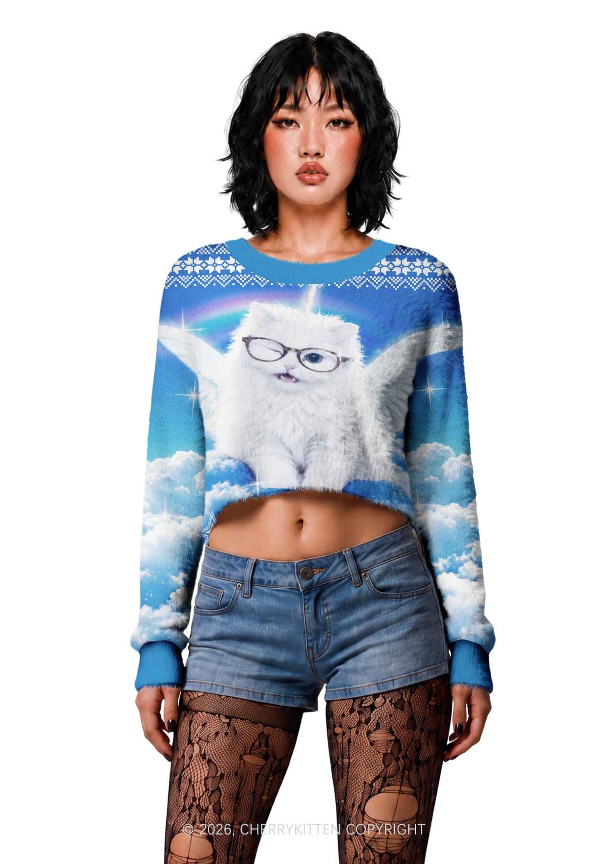White Angel Glasses Cat Y2K Crop Knit Sweatshirt Cherrykitten