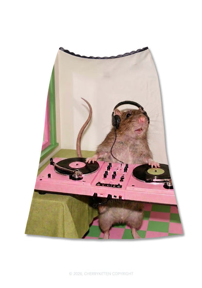 Dj Rat Pink Turntable Y2K Print Midi Skirt Cherrykitten