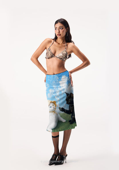 White Cat Smoking Y2K Print Midi Skirt Cherrykitten