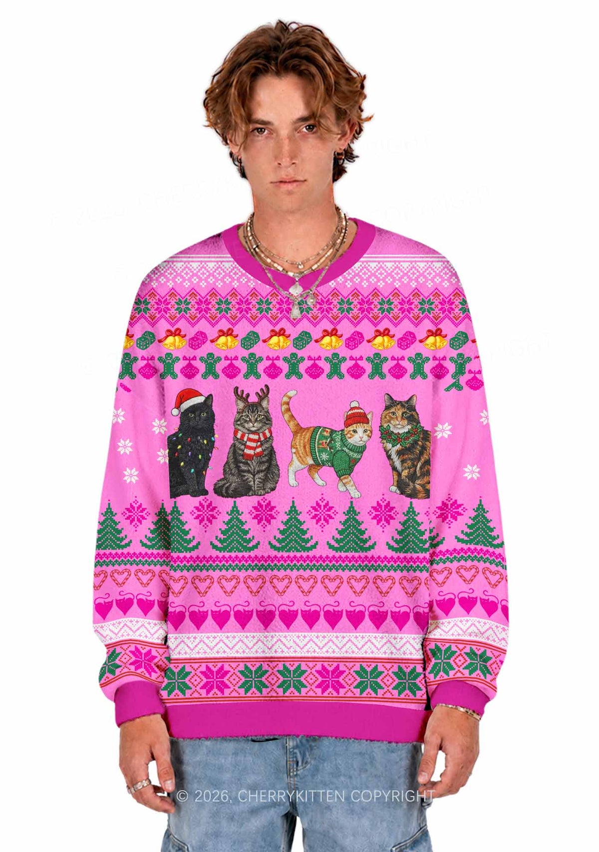 Four Christmas Cats Y2K Knit Sweatshirt Cherrykitten