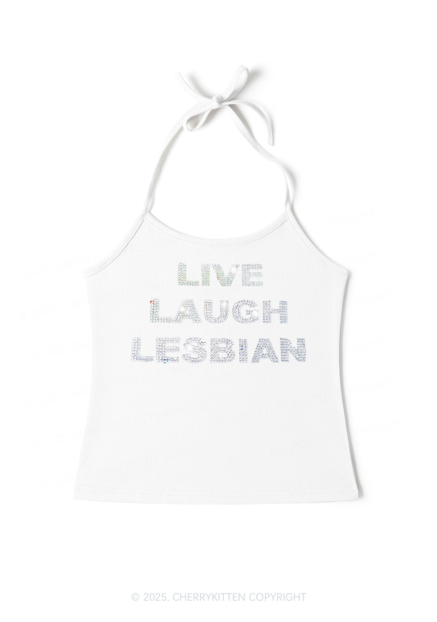 Rhinestone Live Laugh Lesbian Pride Y2K Halter Neck Cami Cherrykitten
