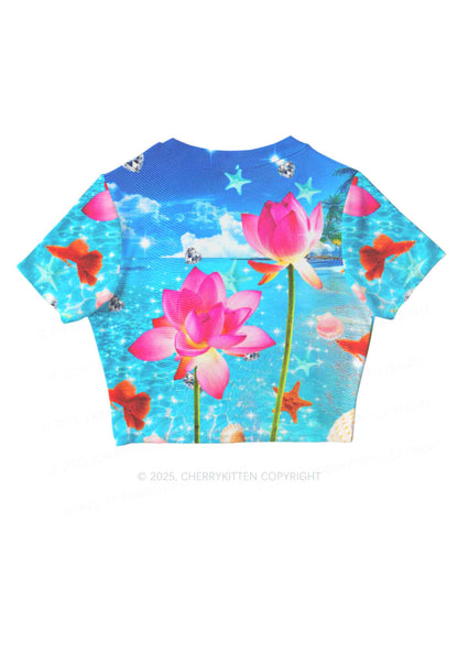 Seaside Lotus Y2K Mesh Crop Top Cherrykitten