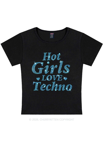 Rhinestone Blue Hot Girls Love Techno Y2K Baby Tee Cherrykitten