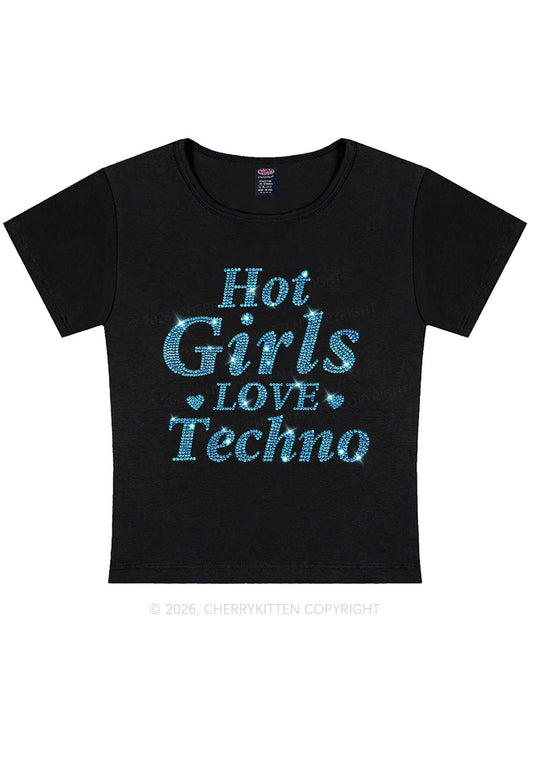Rhinestone Blue Hot Girls Love Techno Y2K Baby Tee Cherrykitten
