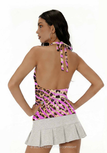 Sparkle Pink Leopard Y2K Print Halter Deep V Neck Cami Cherrykitten