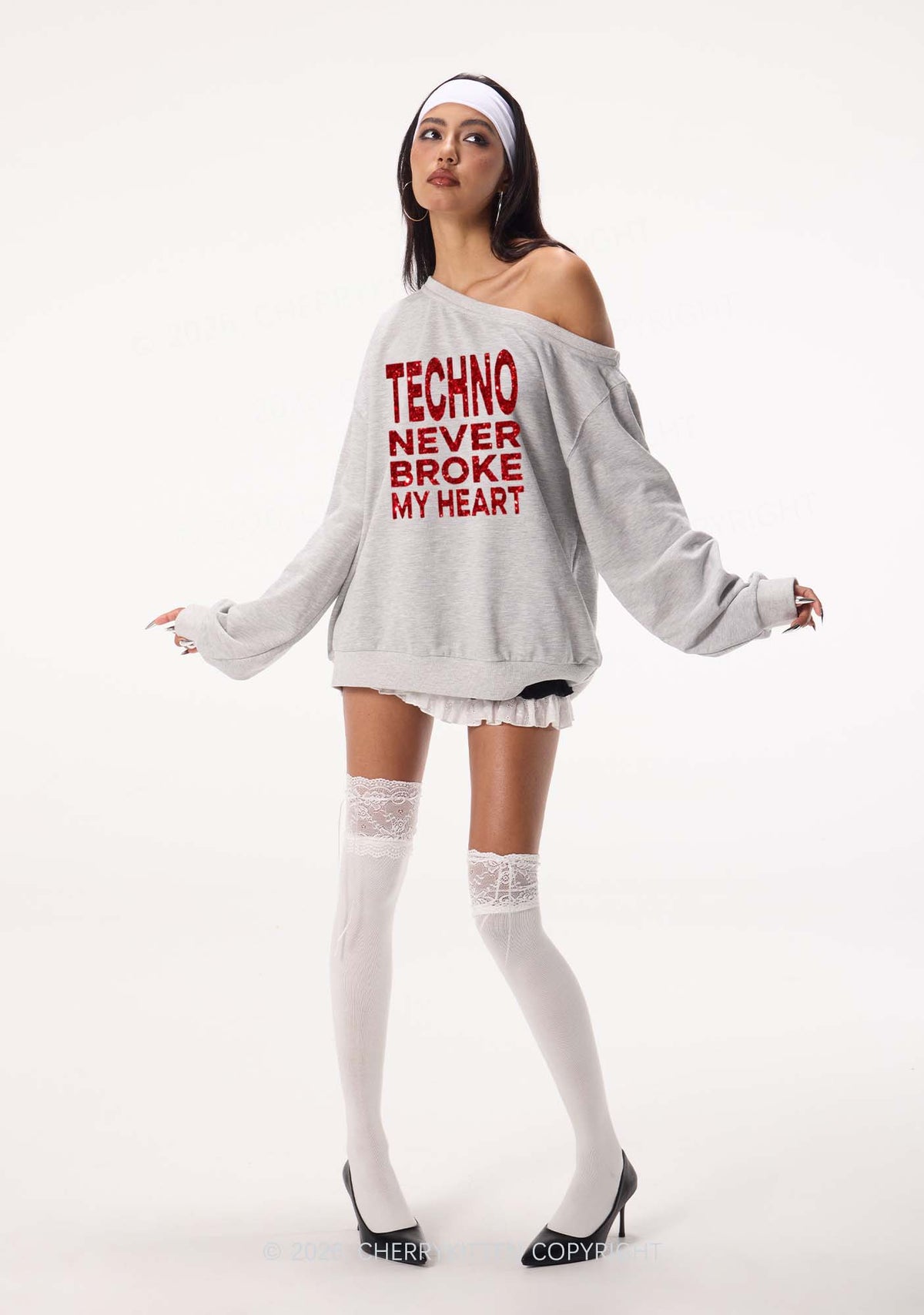 Glitter Techno Heart Y2K Off Shoulder Sweatshirts Cherrykitten
