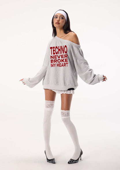 Glitter Techno Heart Y2K Off Shoulder Sweatshirts Cherrykitten