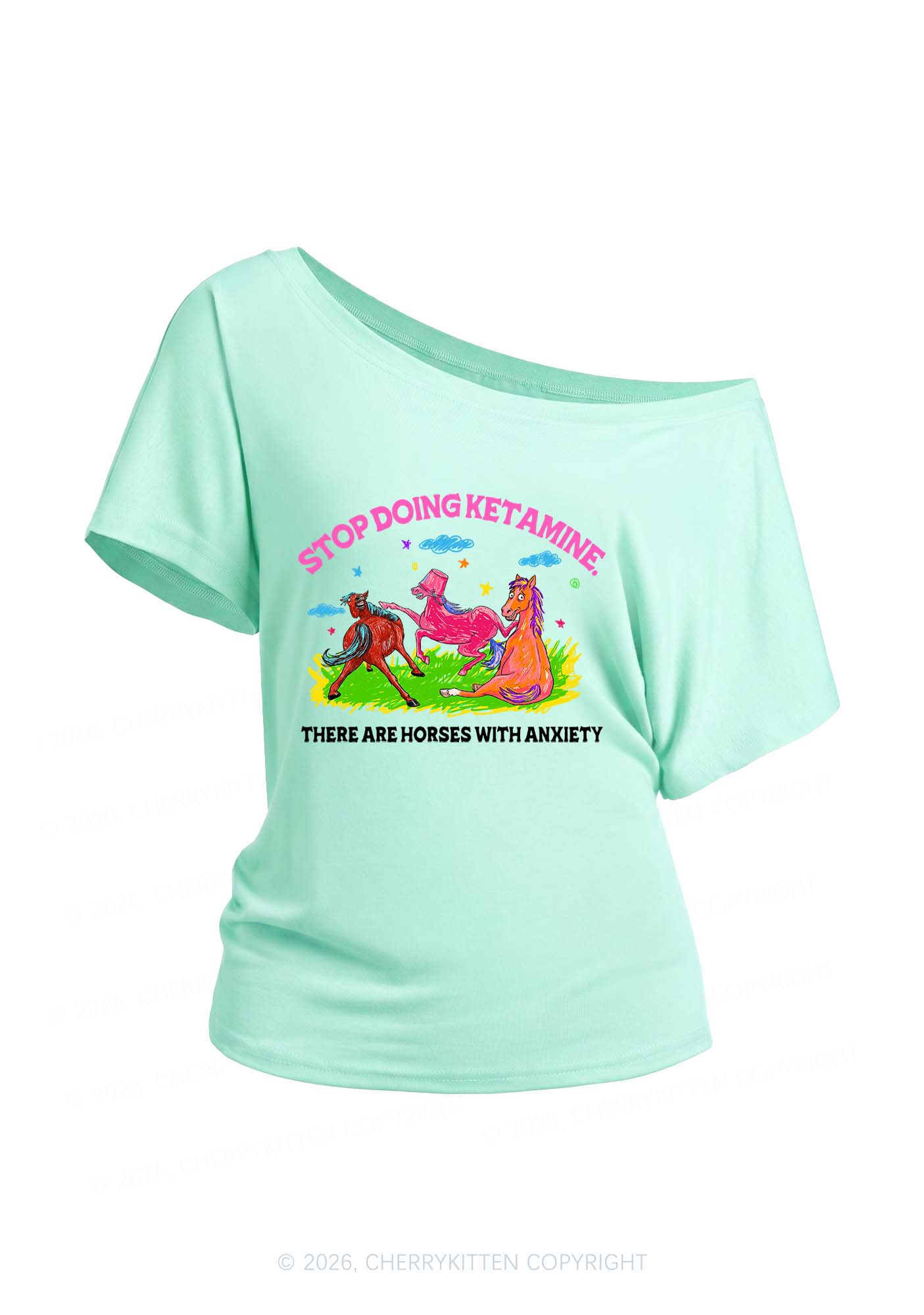 Horses With Anxiety Y2K Off Shoulder Tee Cherrykitten