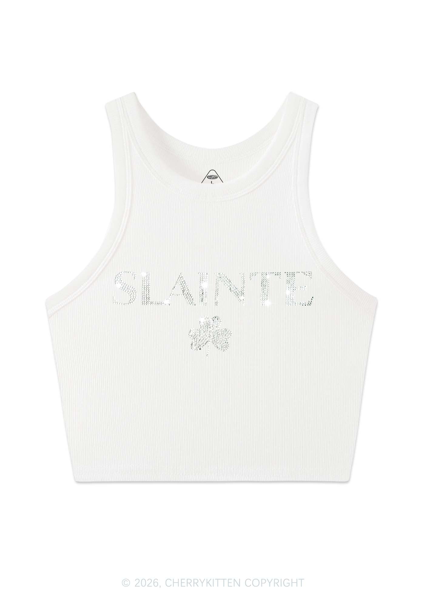 Rhinestone Slainte St Patricks Y2K Crop Tank Top Cherrykitten