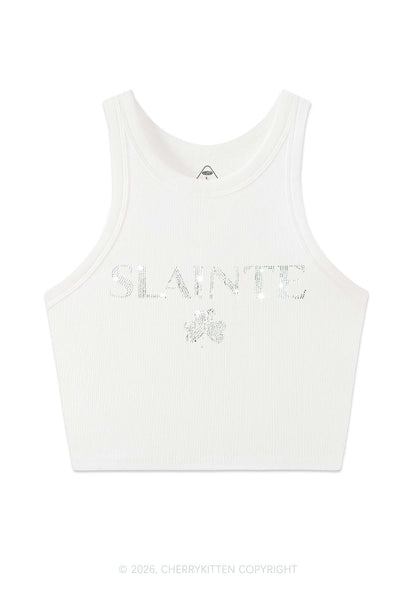 Rhinestone Slainte St Patricks Y2K Crop Tank Top Cherrykitten