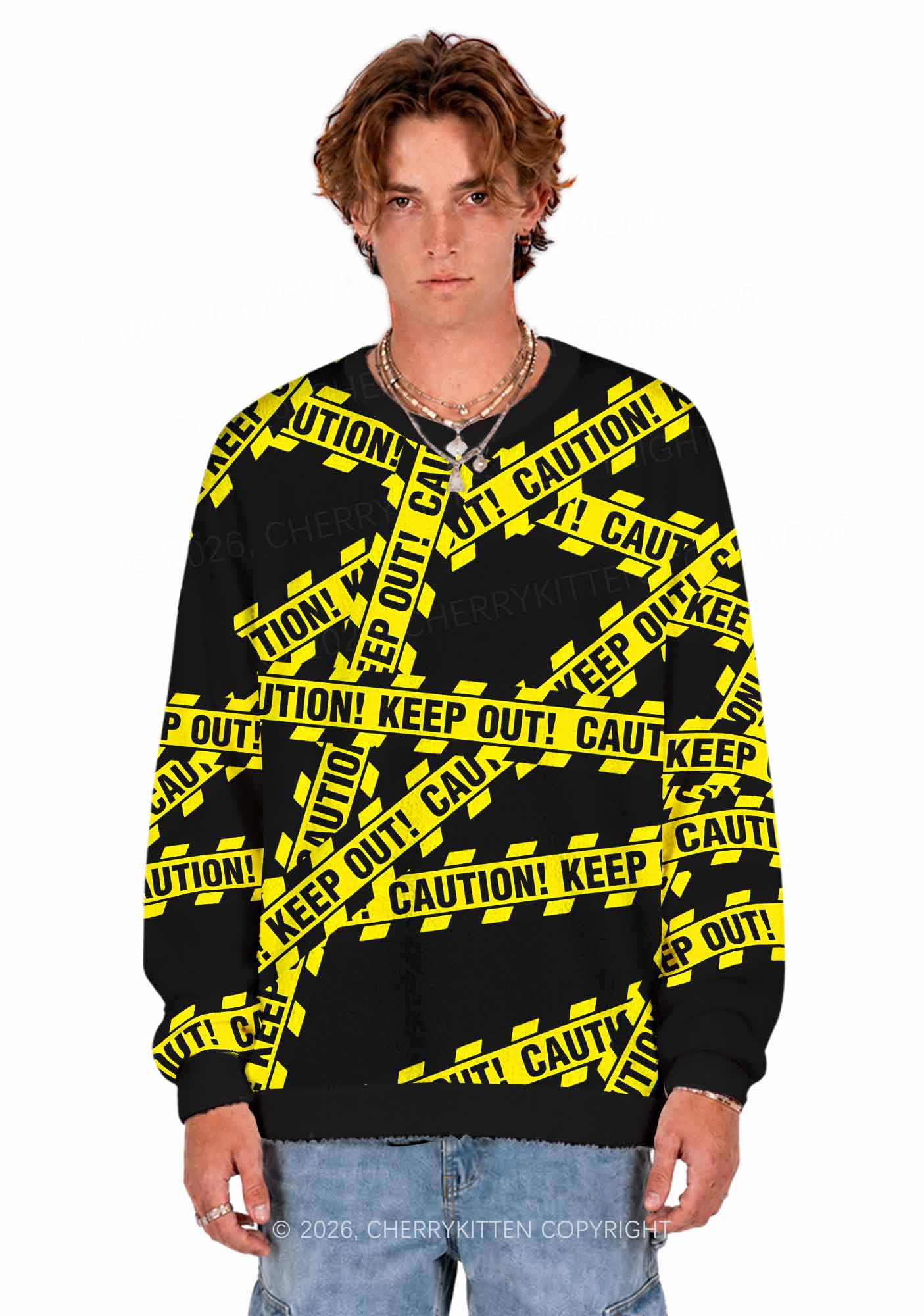 Halloween Caution Keep Out Y2K Christmas Knit Sweatshirt Cherrykitten