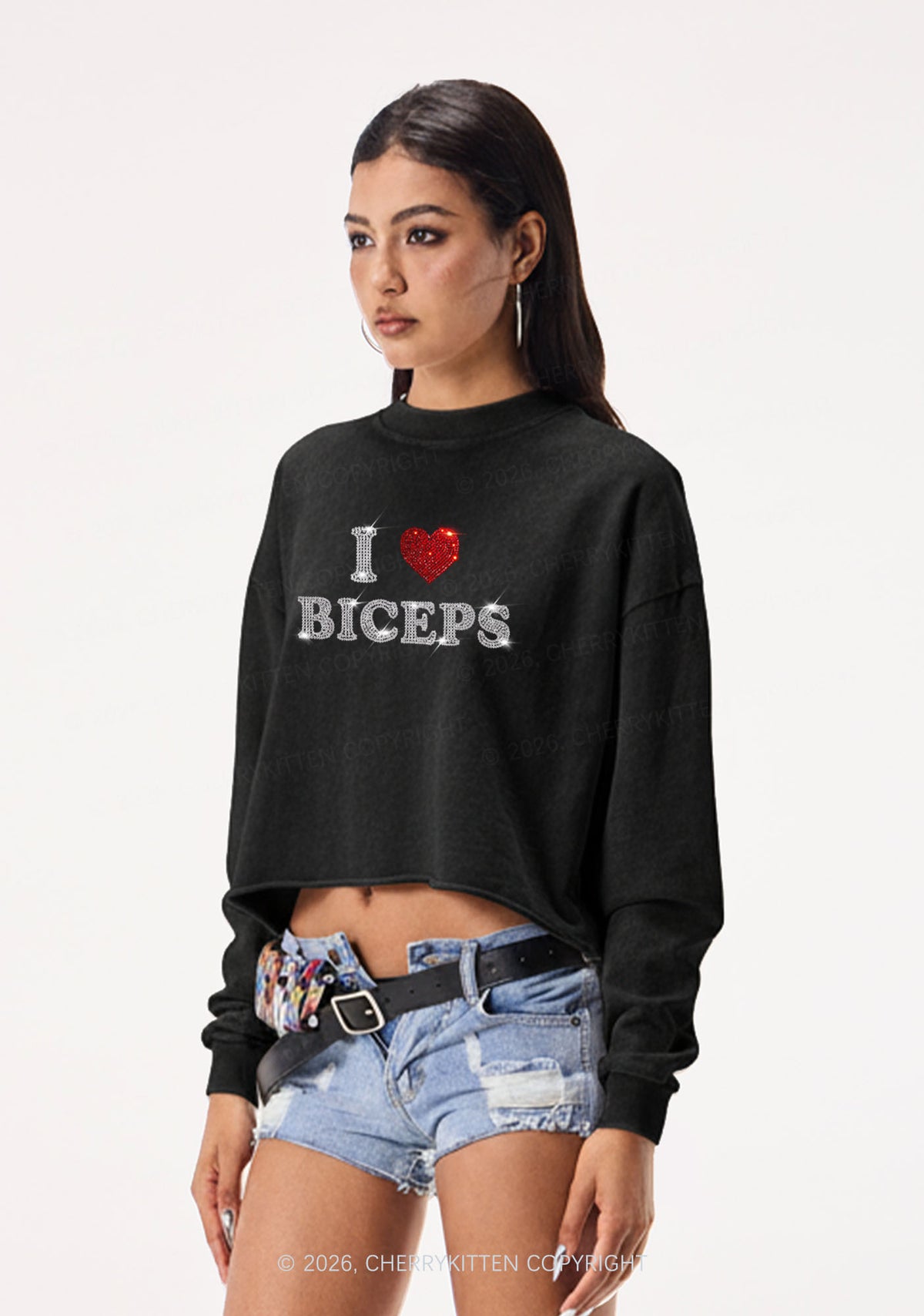 Rhinestone I Love Biceps Y2K Crop Washed Sweatshirts Cherrykitten