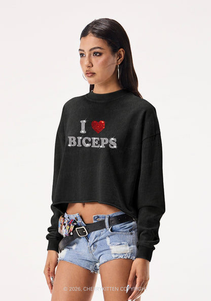Rhinestone I Love Biceps Y2K Crop Washed Sweatshirts Cherrykitten