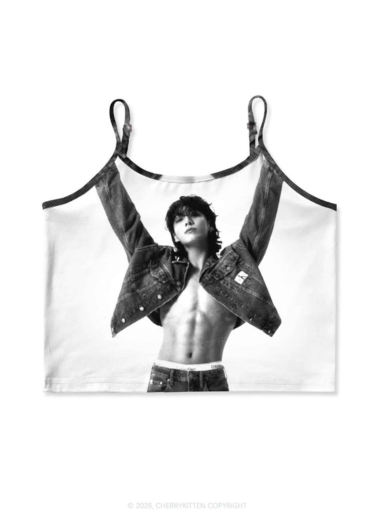 Denim Jacket Kpop Boy Portrait Y2K Print Cami Crop Top Cherrykitten