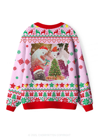 Cats Gift Y2K Christmas Cardigan Knit Sweatshirt Cherrykitten