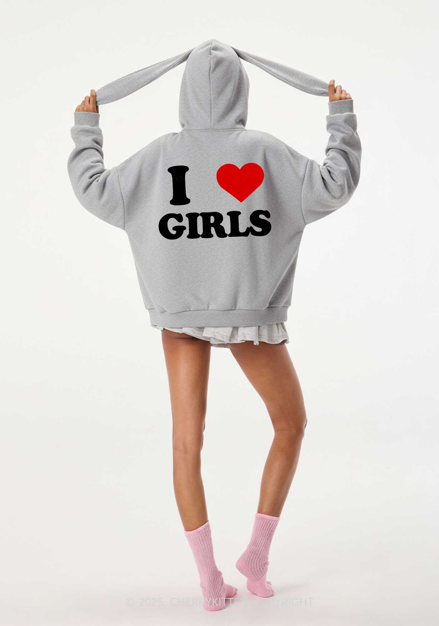 I Love Girls Y2K Bunny Ear Zip Hoodie Cherrykitten