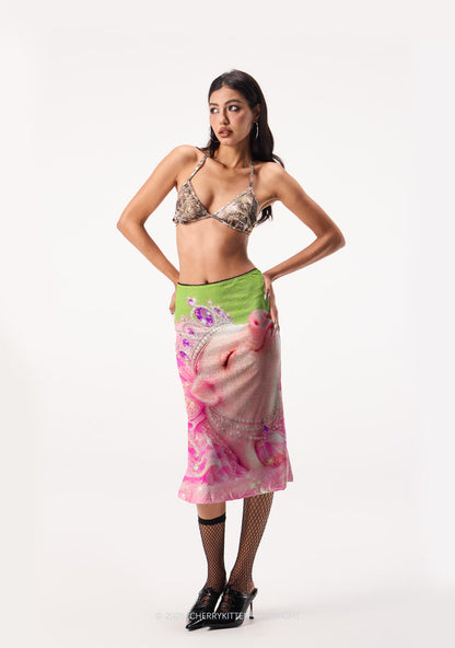Pink Princess Piglet Y2K Print Midi Skirt Cherrykitten