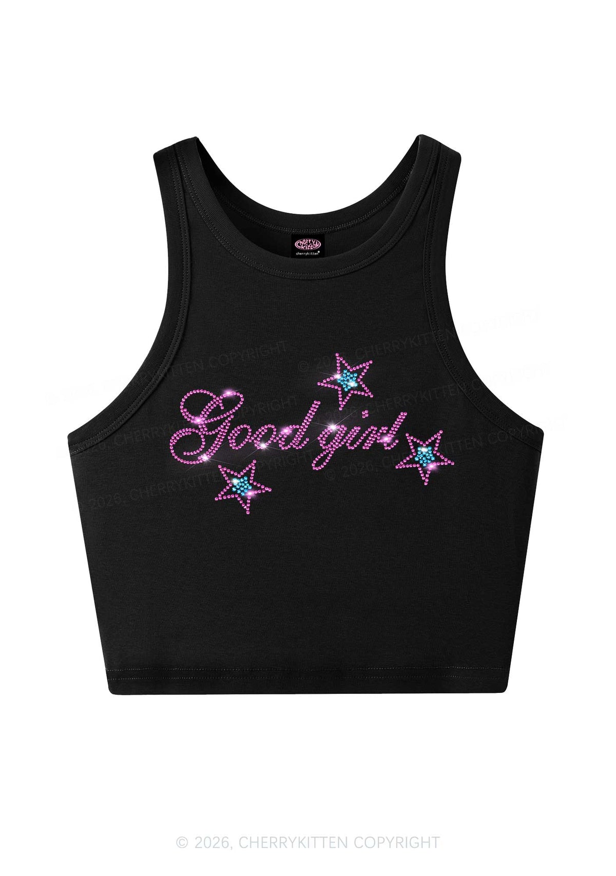 Rhinestone Good Girl Pink Star Y2K Crop Tank Top Cherrykitten