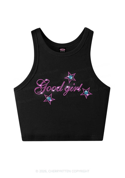 Rhinestone Good Girl Pink Star Y2K Crop Tank Top Cherrykitten