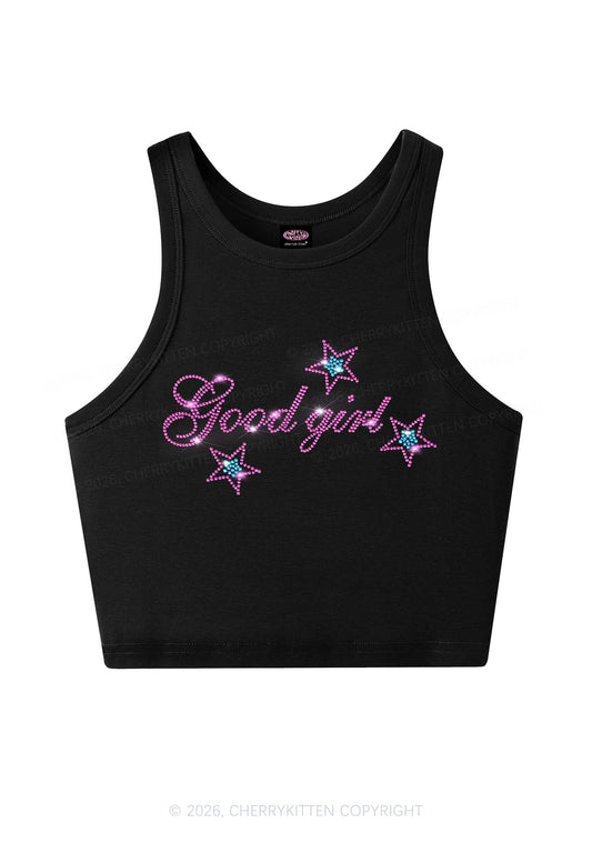 Rhinestone Good Girl Pink Star Y2K Crop Tank Top Cherrykitten