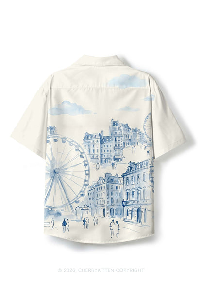Blue Watercolor Cityscape Ferris Wheel Y2K Print Hawaiian Shirt Cherrykitten