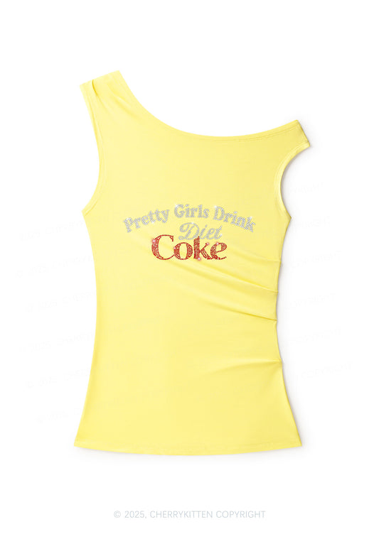 Rhinestone Pretty Girls Drink Diet Coke Y2K Off Shoulder Tank Top Cherrykitten