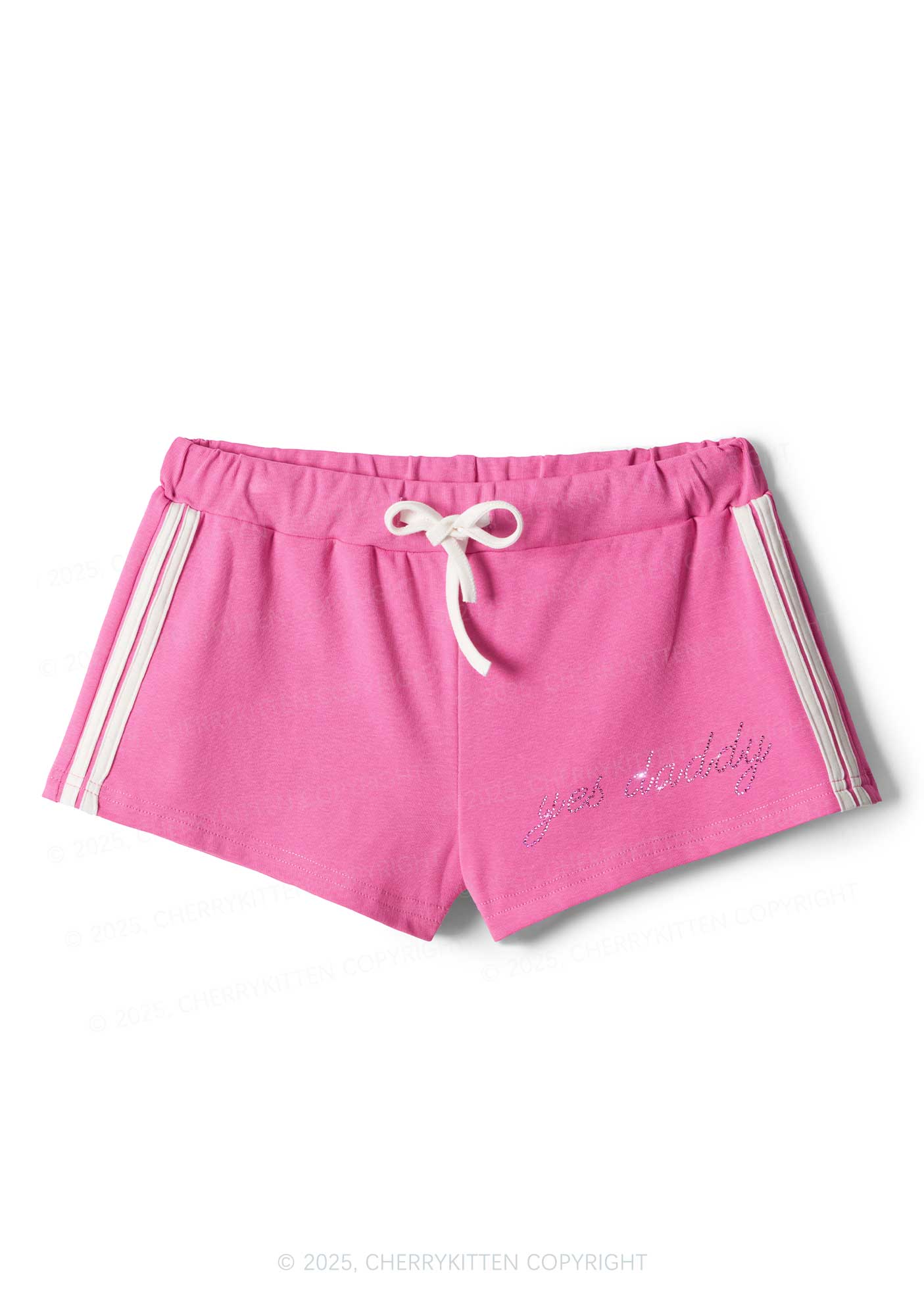 Rhinestone Pink Yes Daddy Y2K Drawstring Mini Shorts Cherrykitten
