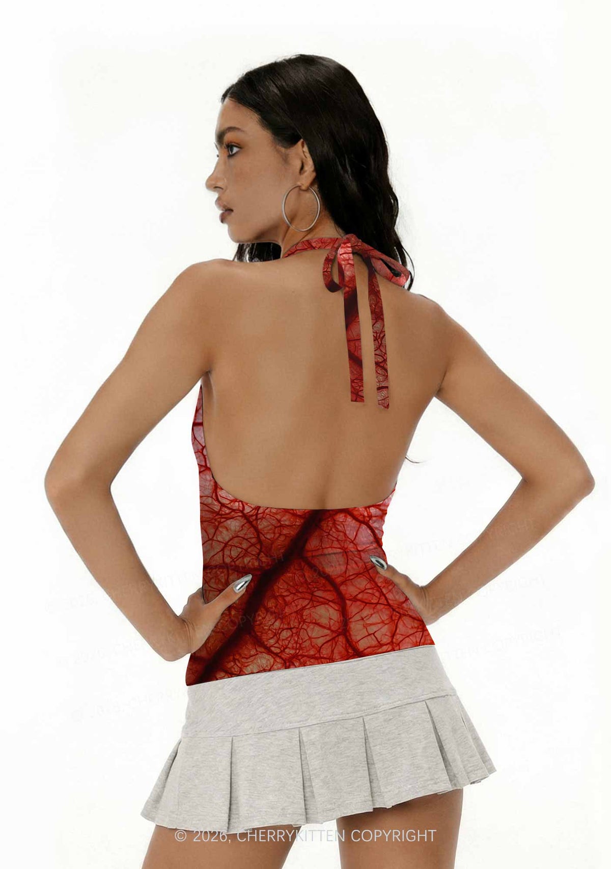 Halloween Red Blood Vessel Y2K Print Halter Deep V Neck Cami Cherrykitten