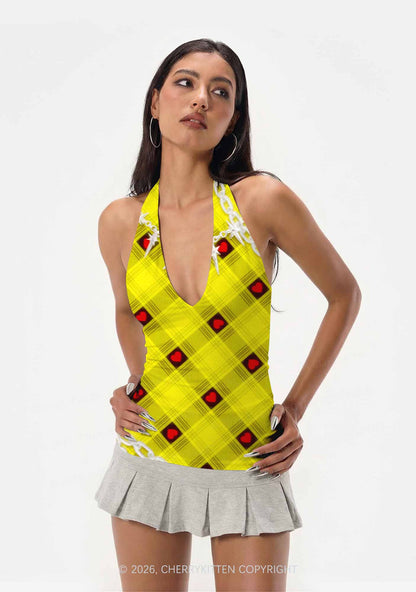 Star Chain and Hearts Y2K Print Halter Deep V Neck Cami Cherrykitten