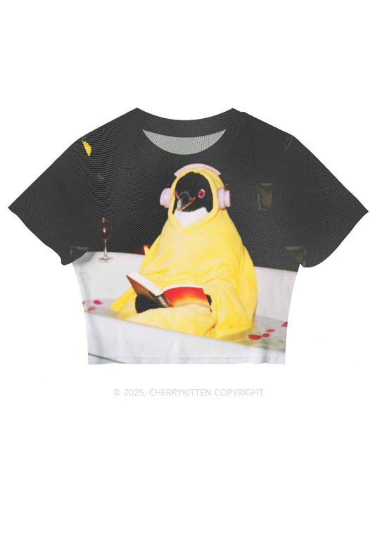 Penguin Bathing Y2K Mesh Crop Top Cherrykitten