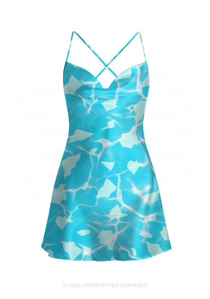 Turquoise Water Ripple Y2K Print Satin Cowl Neck Slip Dress Cherrykitten