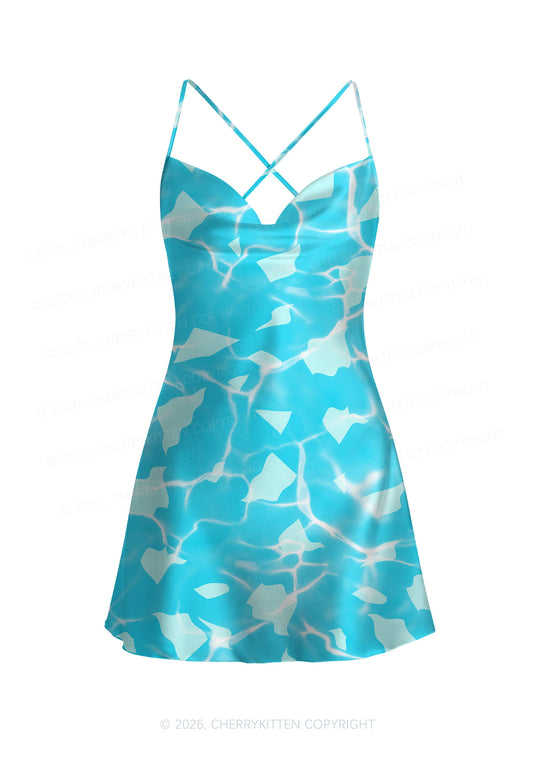 Turquoise Water Ripple Y2K Print Satin Cowl Neck Slip Dress Cherrykitten