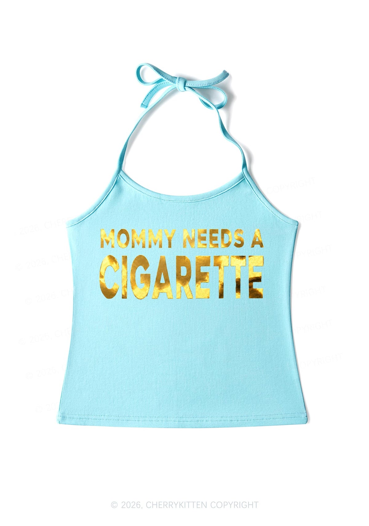 Mommy Needs A Cigarette Silver Foil Printed Y2K Halter Neck Cami Cherrykitten