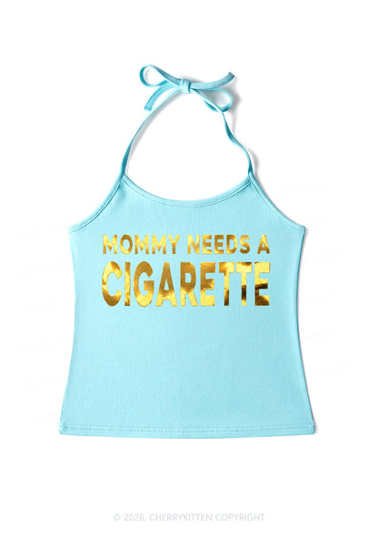 Mommy Needs A Cigarette Silver Foil Printed Y2K Halter Neck Cami Cherrykitten