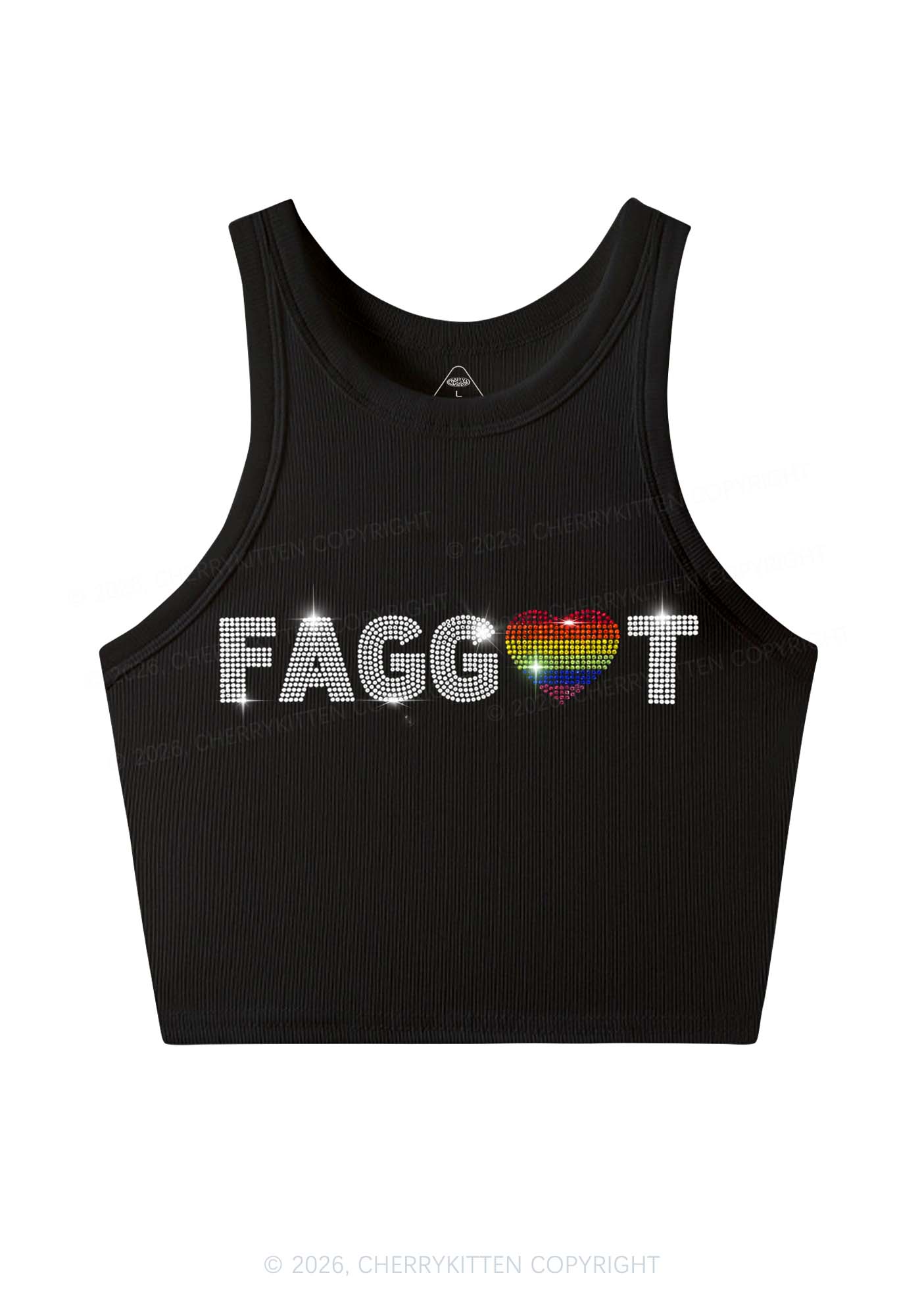 Rhinestone Rainbow Heart Faggot Pride Y2K Crop Tank Top Cherrykitten