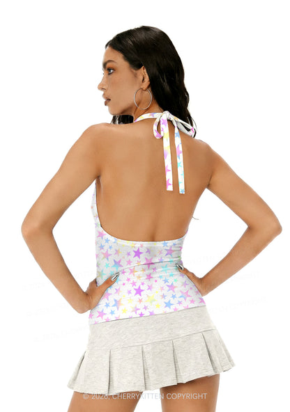 Pastel Star Alpha Male Y2K Print Halter Deep V Neck Cami Cherrykitten
