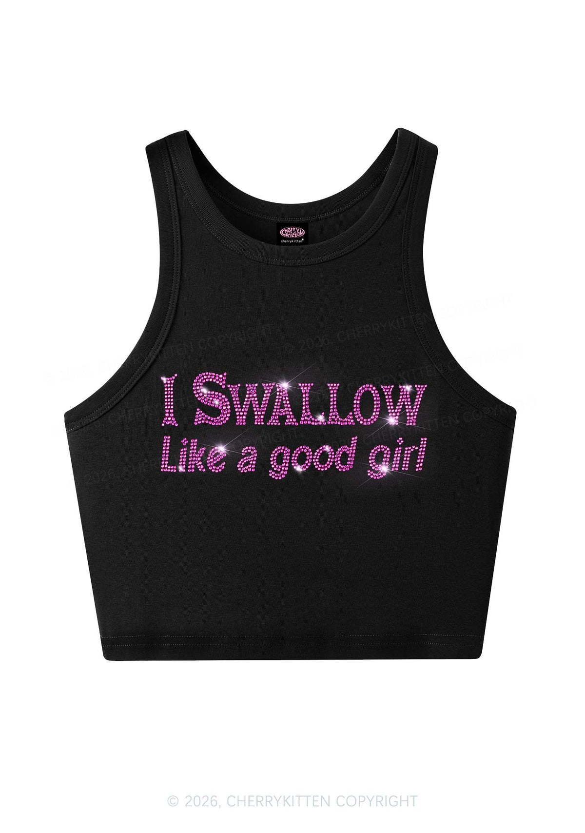 Rhinestone Swallow Like Good Girl Y2K Crop Tank Top Cherrykitten