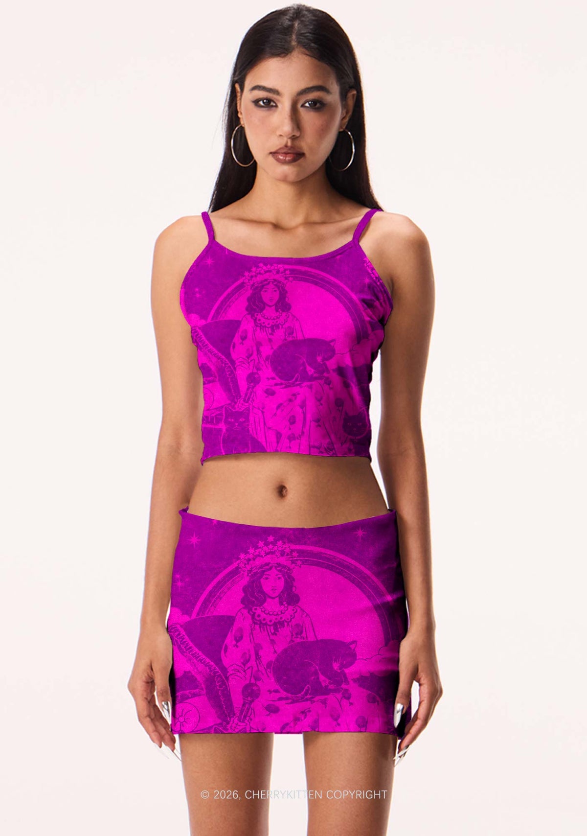Magical Lady With Cats Y2K Print Mini Skirt Cherrykitten