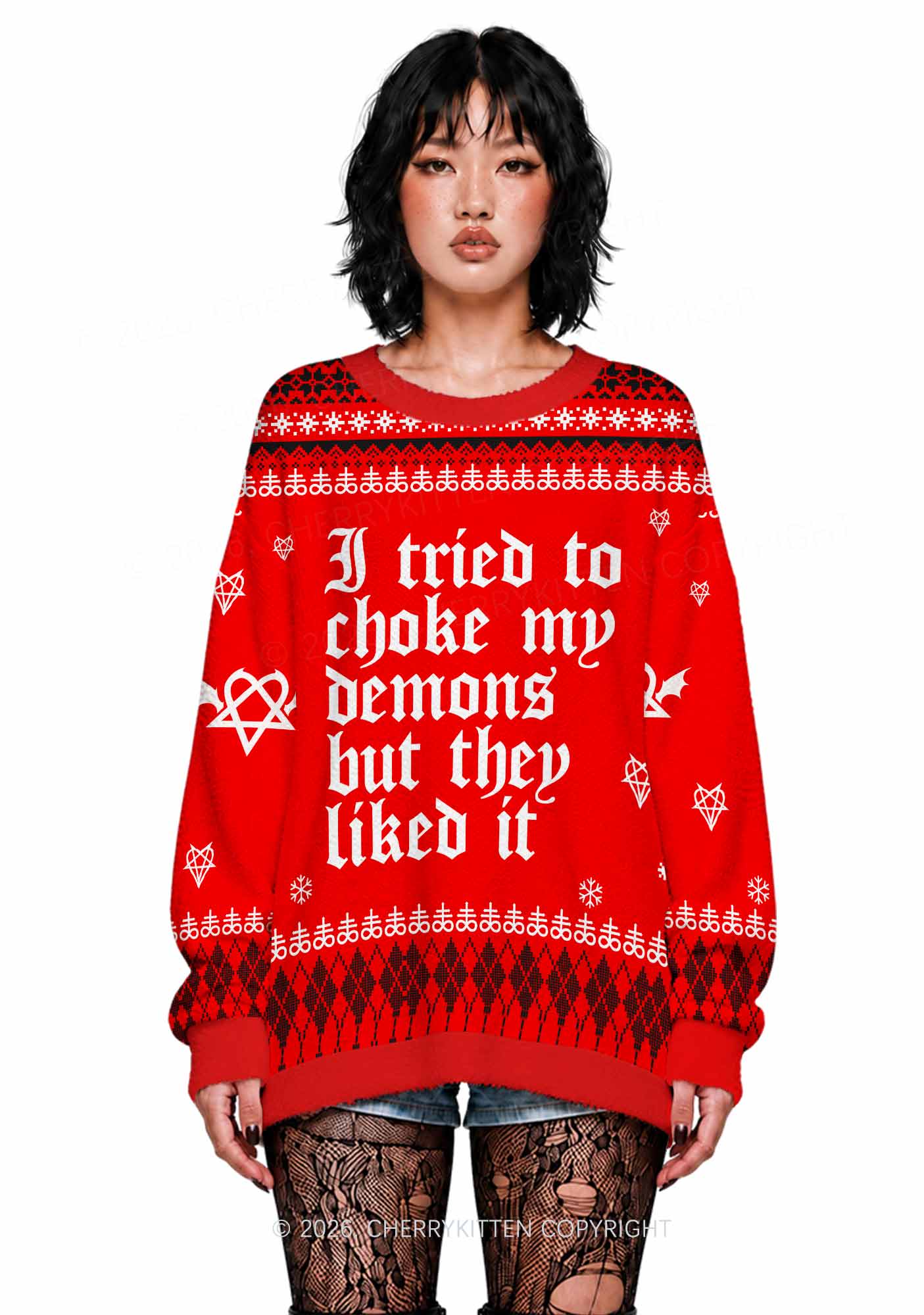 Halloween Choke Demons They Liked Y2K Christmas Knit Sweatshirt Cherrykitten