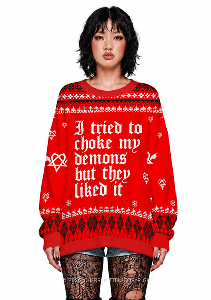 Halloween Choke Demons They Liked Y2K Christmas Knit Sweatshirt Cherrykitten