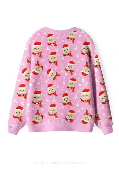 Custom Christmas Sweet Cat Face Y2K Christmas Cardigan Knit Sweatshirt Cherrykitten