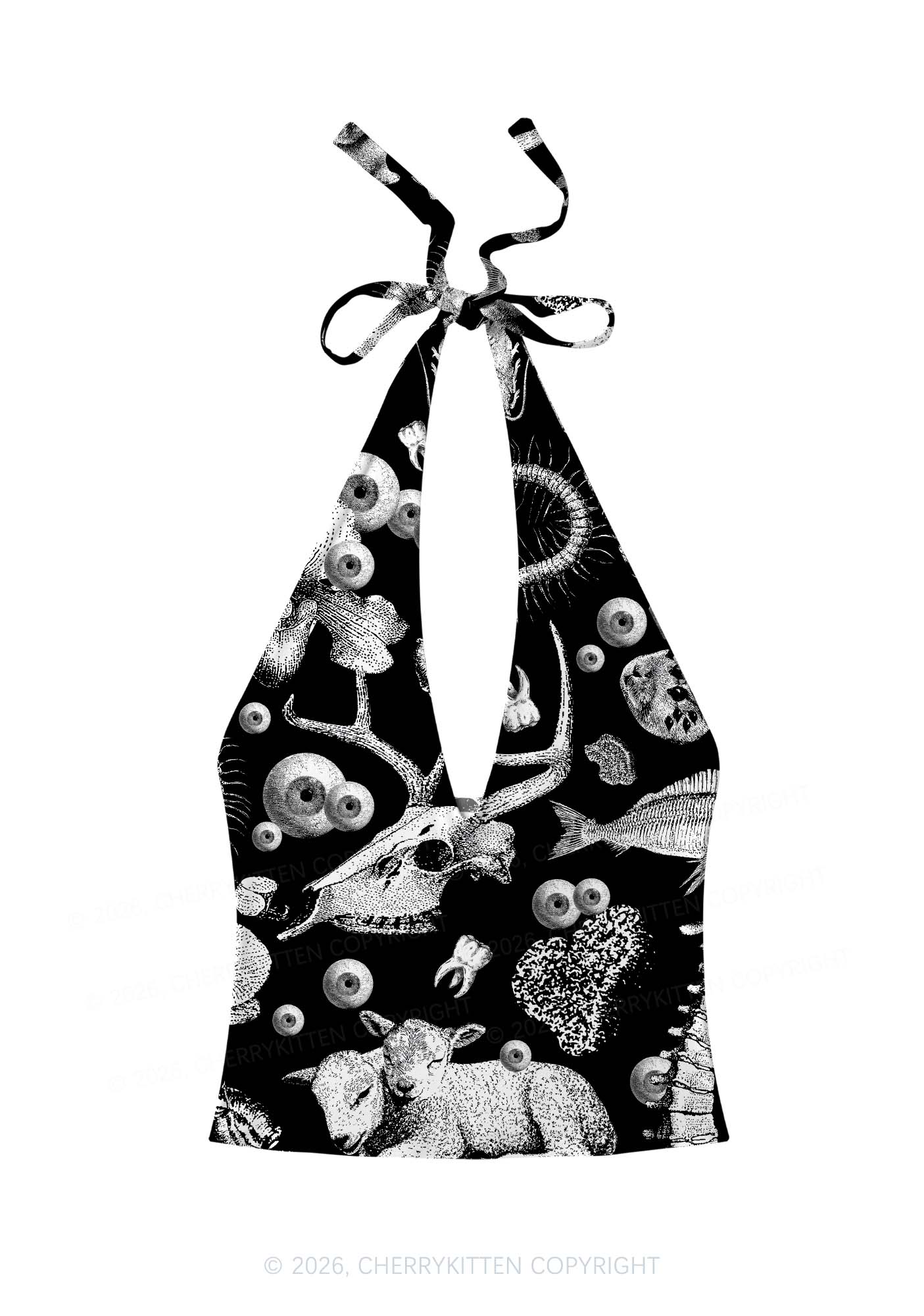Halloween Dark Sheep Bone Y2K Print Halter Deep V Neck Cami Cherrykitten