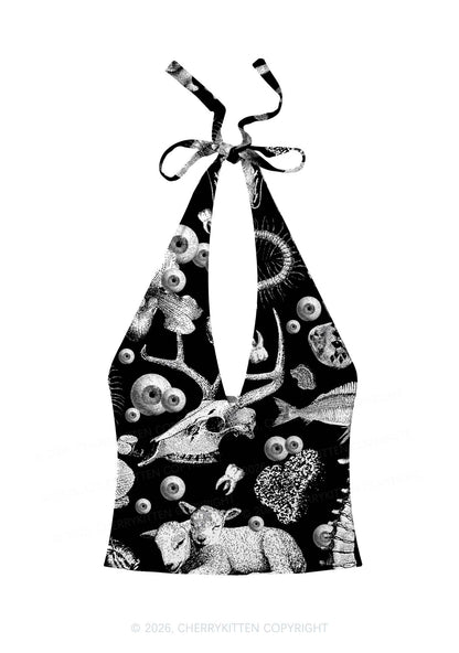 Halloween Dark Sheep Bone Y2K Print Halter Deep V Neck Cami Cherrykitten